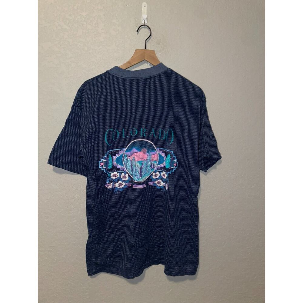 90s Vintage Miller CO Colorado Yellowstone Test Print Graphic Shirt Blue VTG L L
